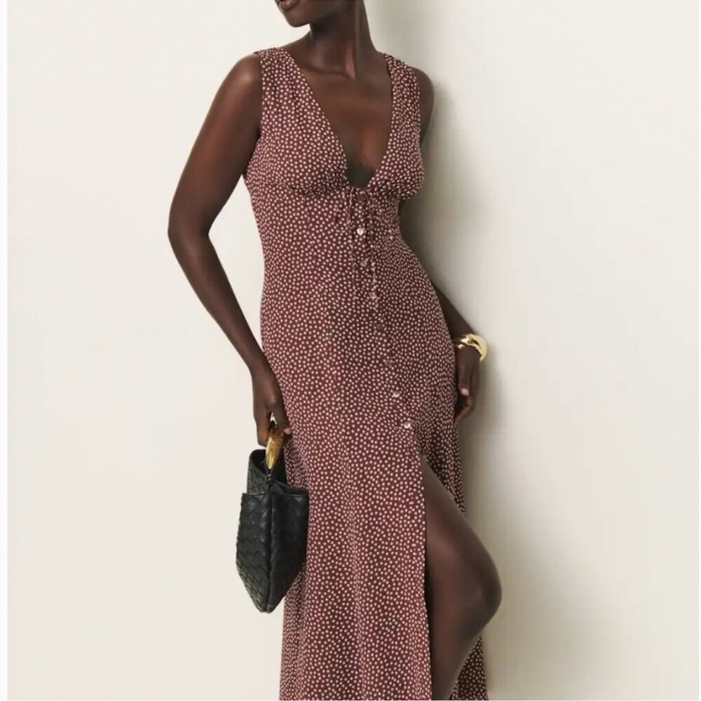 Reformation Ceara Midi Dress Sz4 Choco Dot Polka V Neck French Casual Summer - Picture 2 of 11